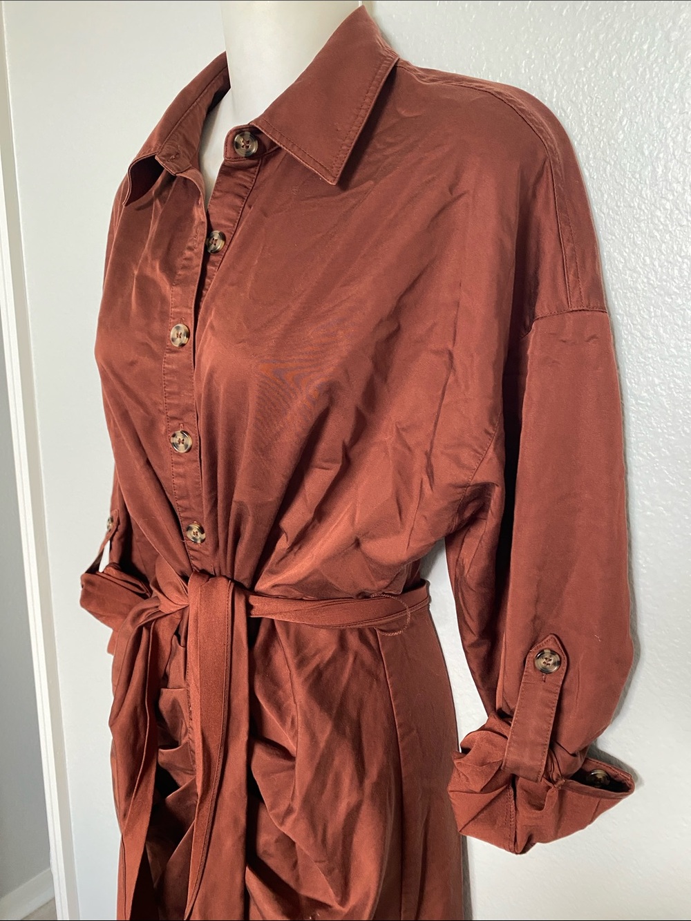 Antonio Melani Roxanne Button-Front Shirt Midi Dress in Brown Rust Waist Tie 2 - Picture 5 of 11